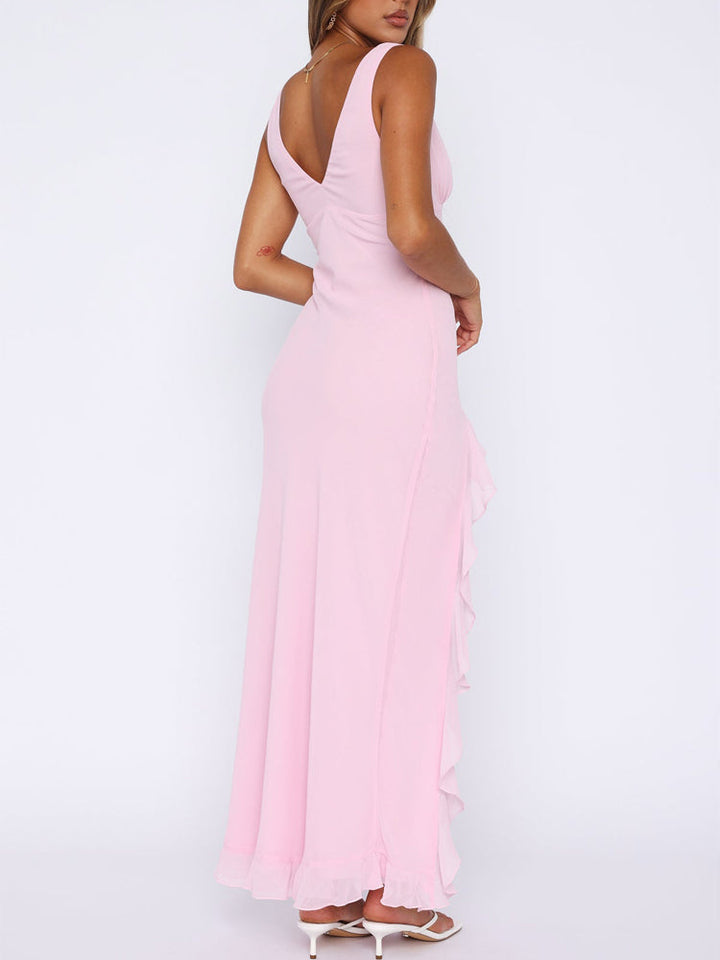 Verity pink sleeveless maxi dress with open-back V neckline and ruffled hem