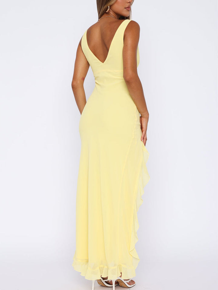 Verity yellow V-back sleeveless maxi dress with flowy ruffled hem
