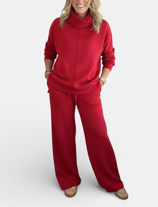 Red hooded two-piece lounge set: long-sleeve top and wide-leg pants