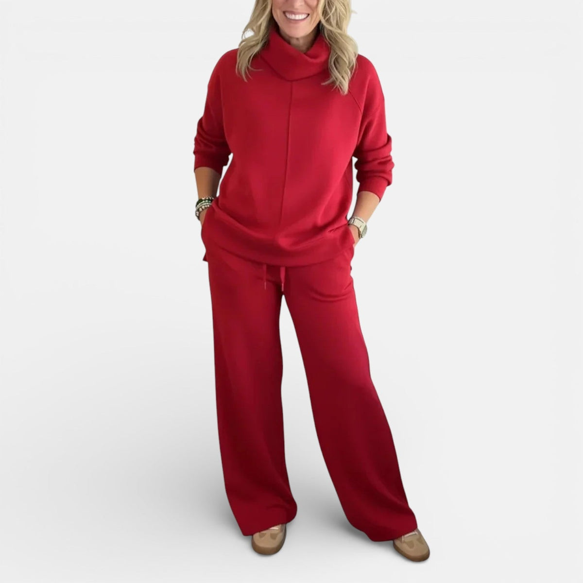 Red hooded two-piece lounge set: long-sleeve top and wide-leg pants