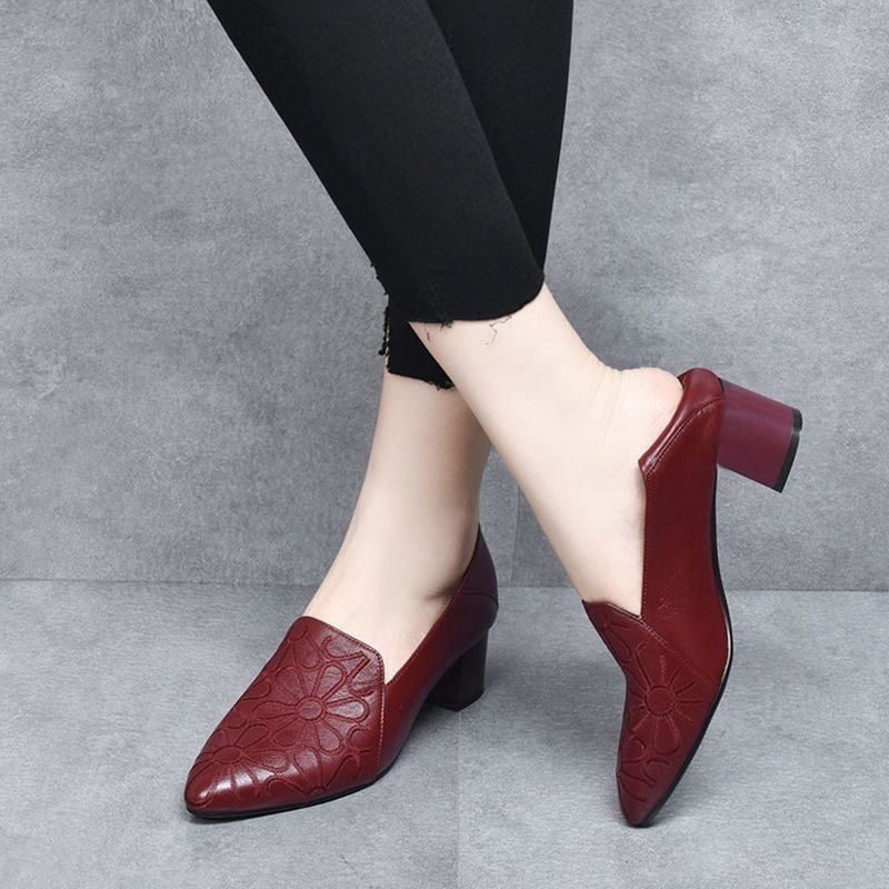 Red embroidered leather pumps with pointed toe and low block heel