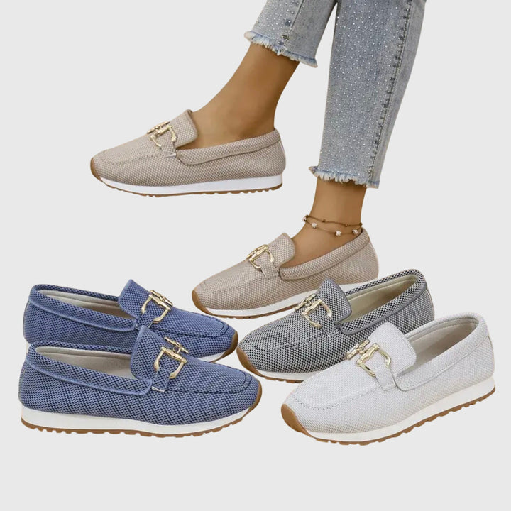 June™ orthopedic loafers in beige, blue, and white mesh with gold buckle ornament