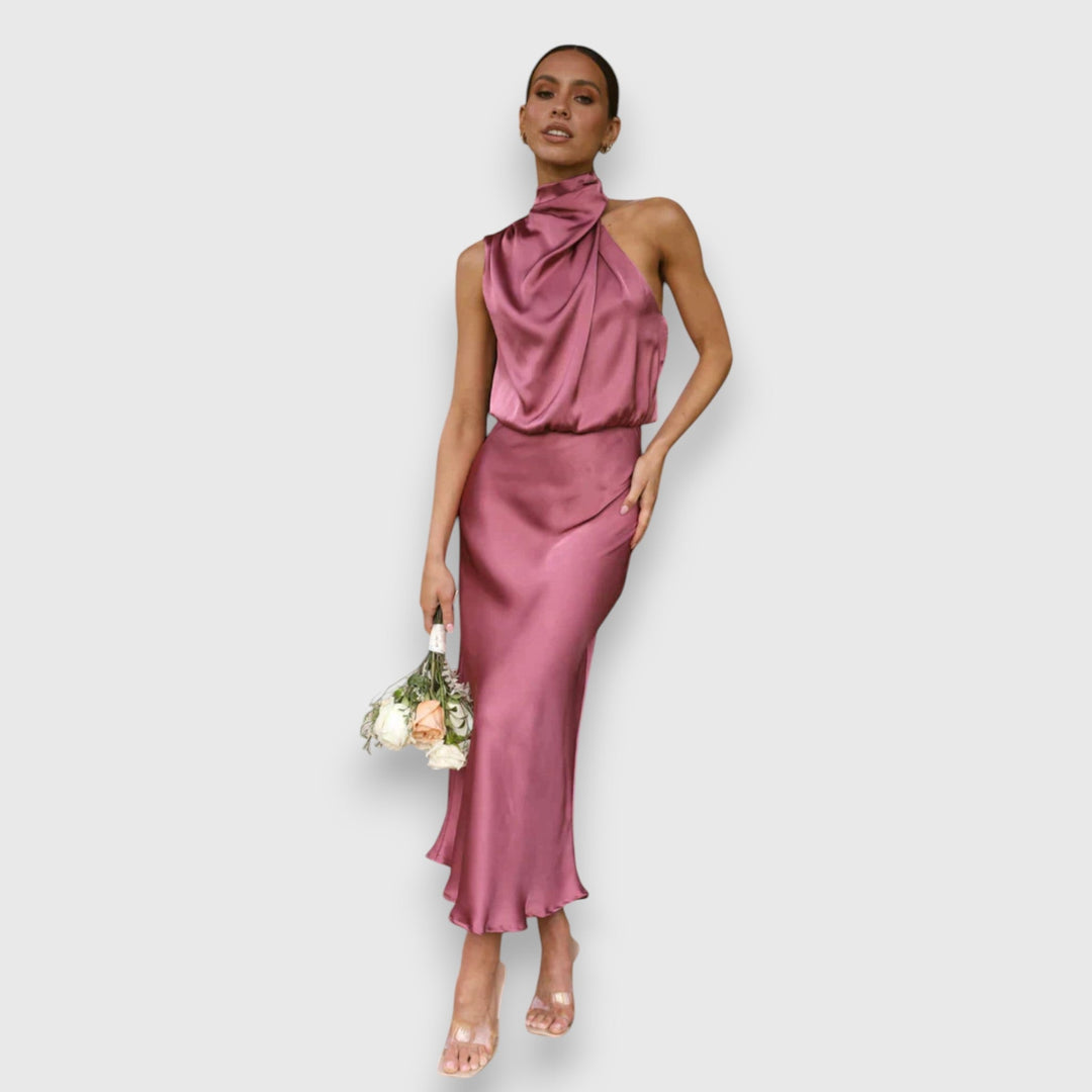 Mulberry satin halter midi dress with twisted drape neckline