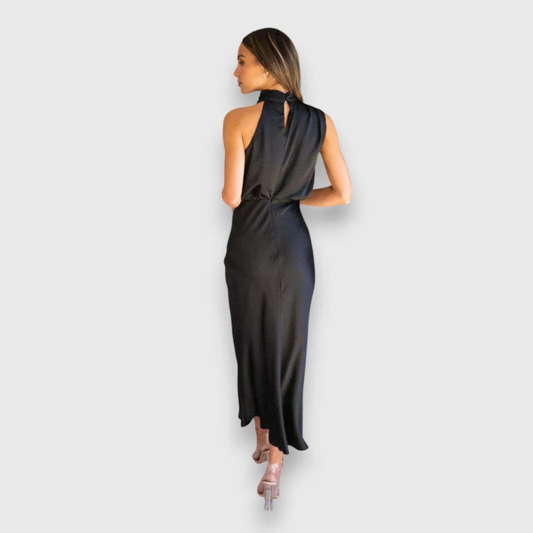 Black satin halter midi dress with twisted back neckline