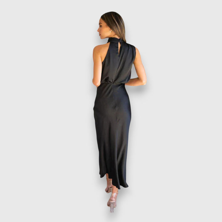 Black satin halter midi dress with twisted back neckline