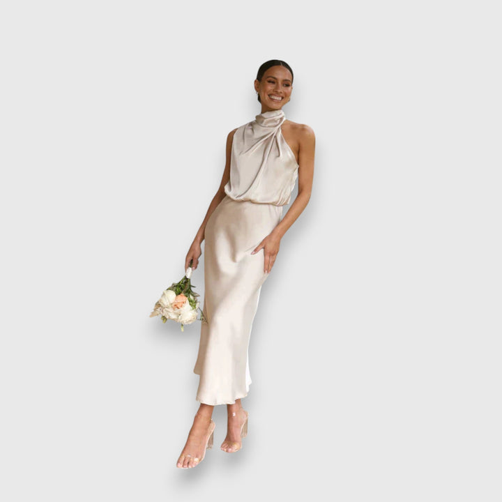 Ivory satin halter midi dress with gathered drape neckline