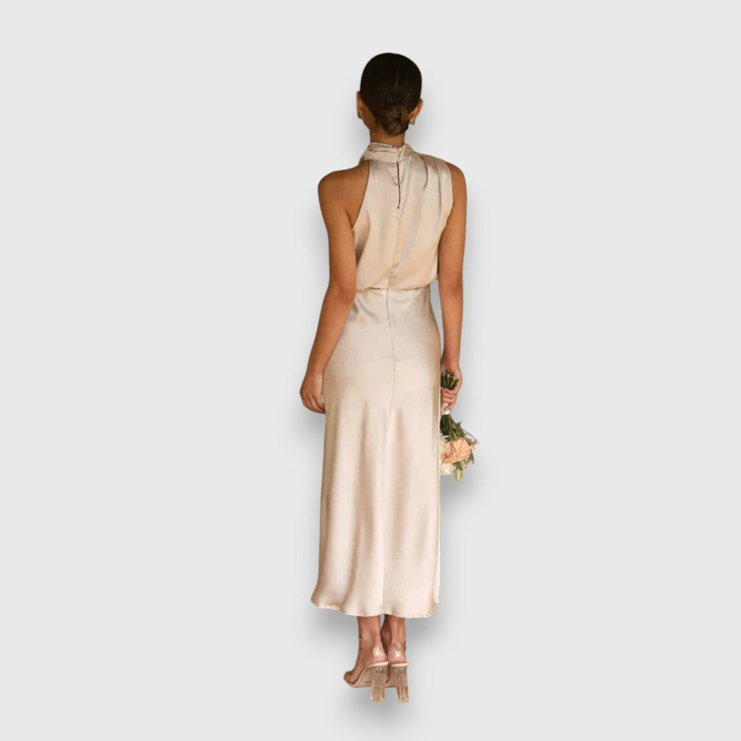 Cream satin halter midi dress with draped back detail