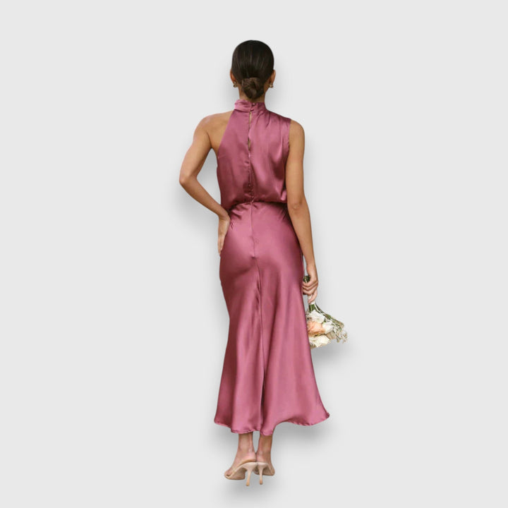 Rose pink satin halter midi dress with draped back and waist tie