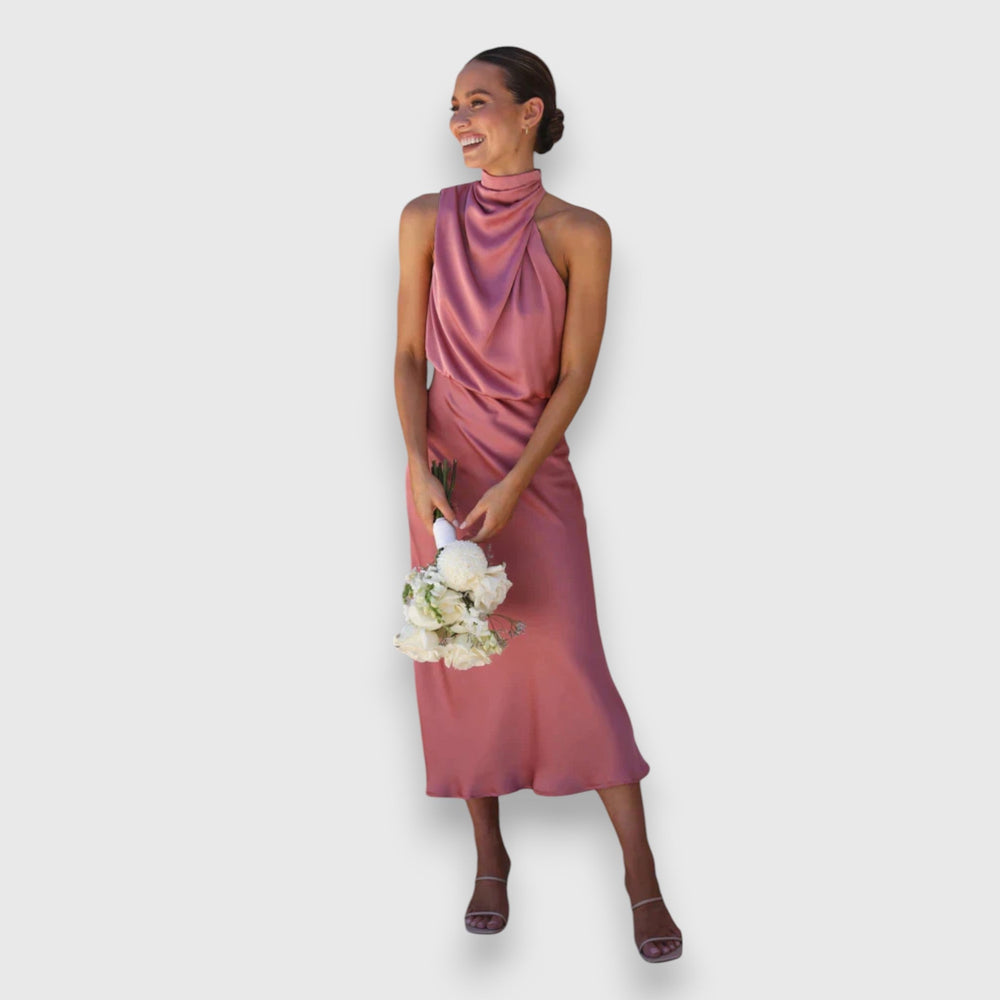 Rose satin halter midi dress with crossover drape neckline