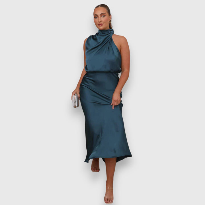 Deep teal satin halter midi dress with gathered cowl neckline