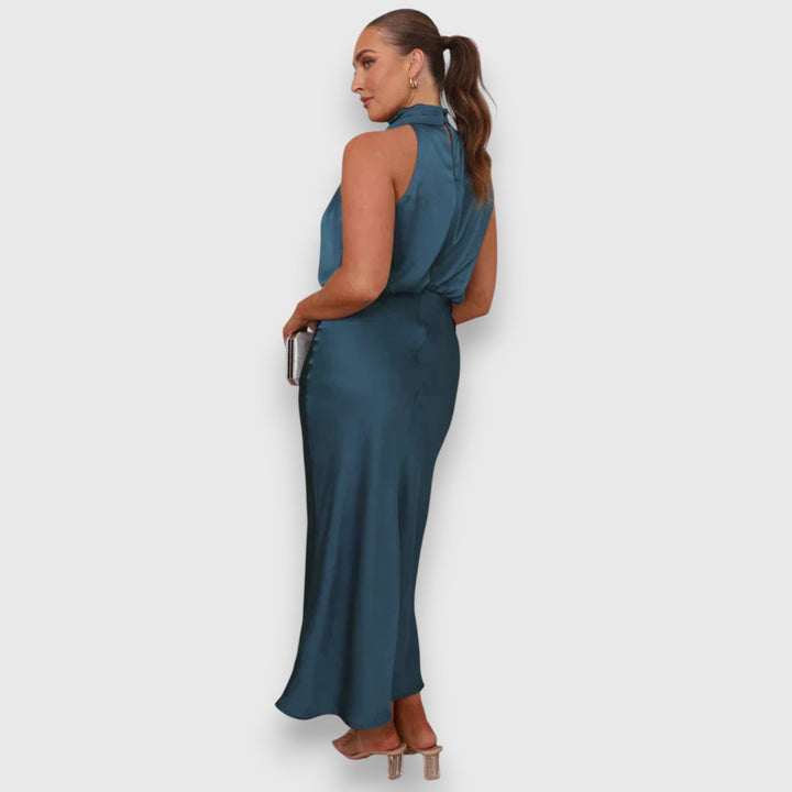 Teal satin halter midi dress with draped neckline and back slit
