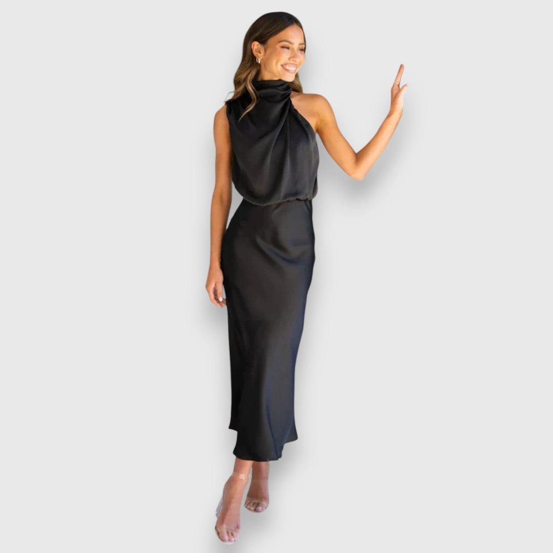 Black satin halter midi dress with high draped neck and back slit