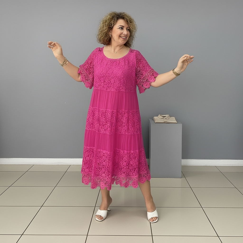 Pink lace tiered midi dress, long skirt tiers and loose flutter sleeves