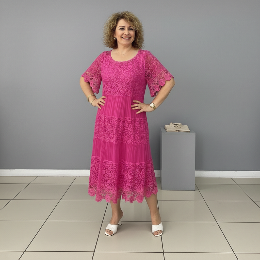 Pink lace tiered midi dress with short flutter sleeves and textured lace yoke