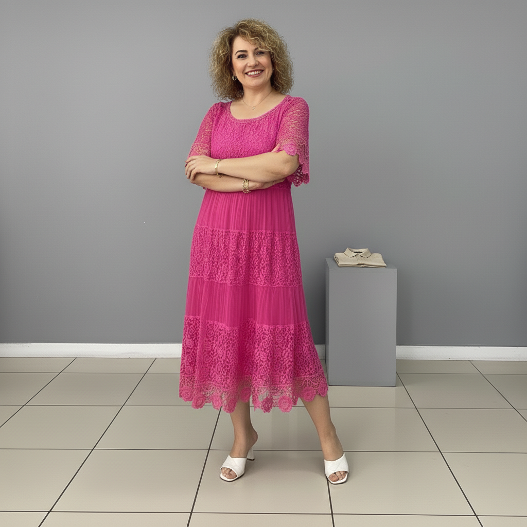 Pink lace tiered midi dress with lace hem panels and elbow-length flutter sleeves