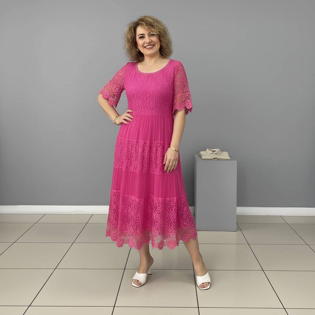 Pink lace tiered midi dress with round neck and embroidered lace overlay