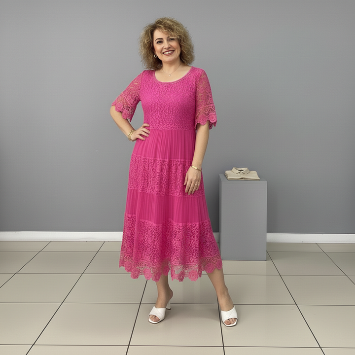 Pink lace tiered midi dress with round neck and embroidered lace overlay
