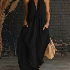 Sofie™ maxi dress in black: halter V-neck, gathered waist, loose flowing maxi silhouette
