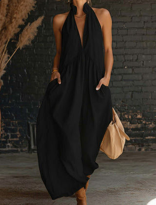 Sofie™ maxi dress in black: halter V-neck, gathered waist, loose flowing maxi silhouette