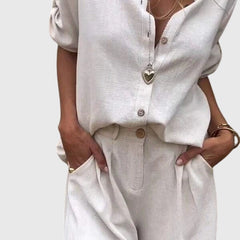 Women’s summer set in white: button-front shirt and matching shorts with pockets