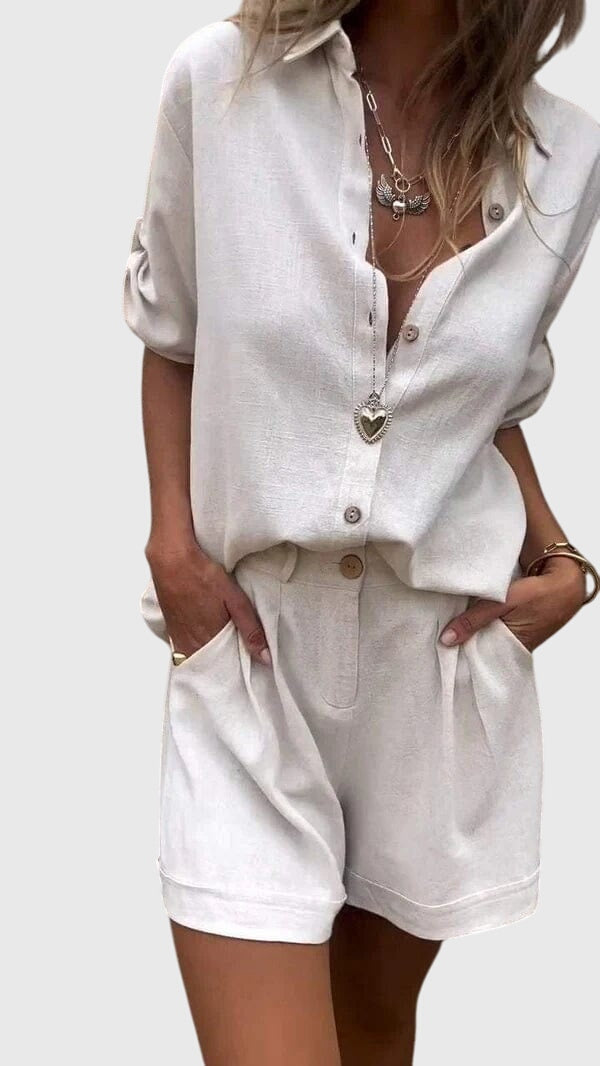 Women’s summer set in white: button-front shirt and matching shorts with pockets