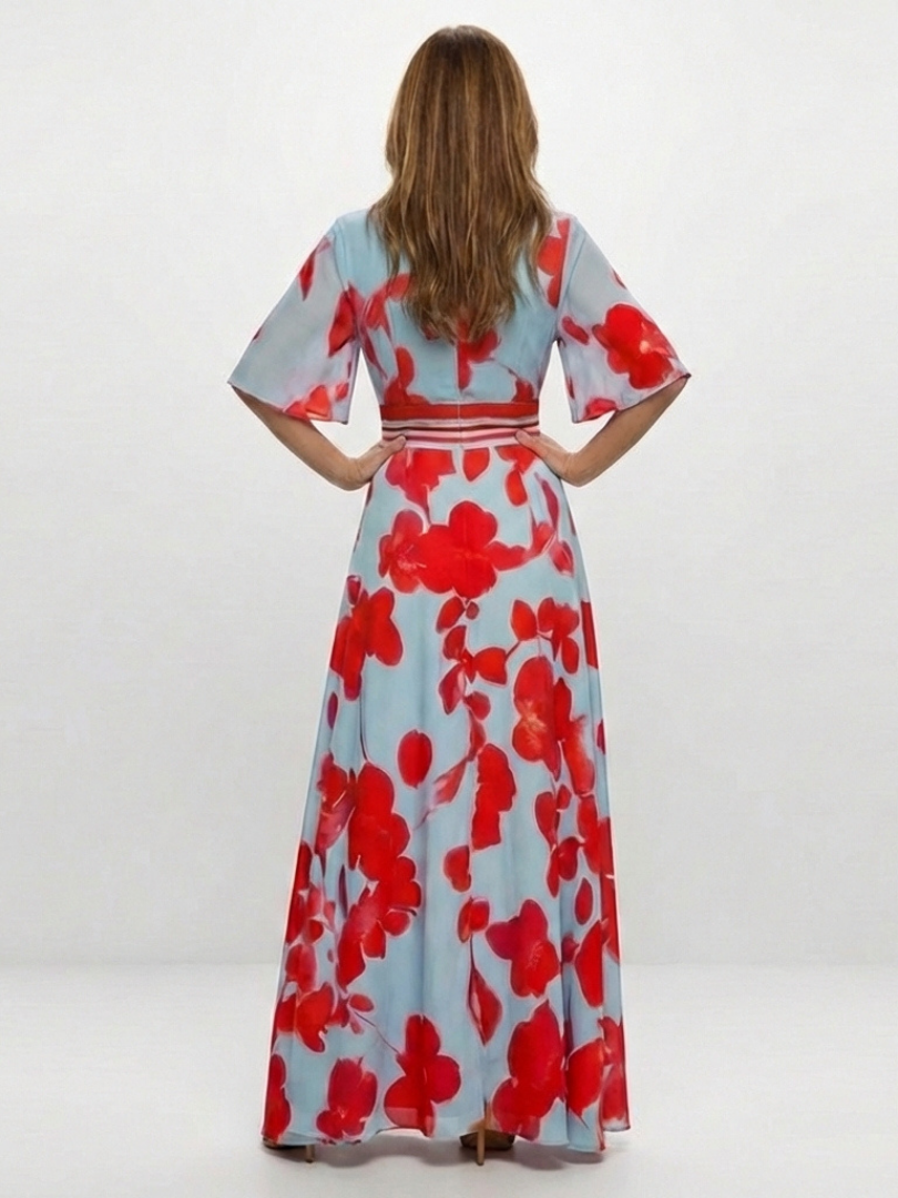 Back-view floral V-neck maxi dress in light blue with red blooms, contrast waist tie