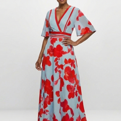 Floral maxi dress with V-neck and short flutter sleeves, light blue and red blooms