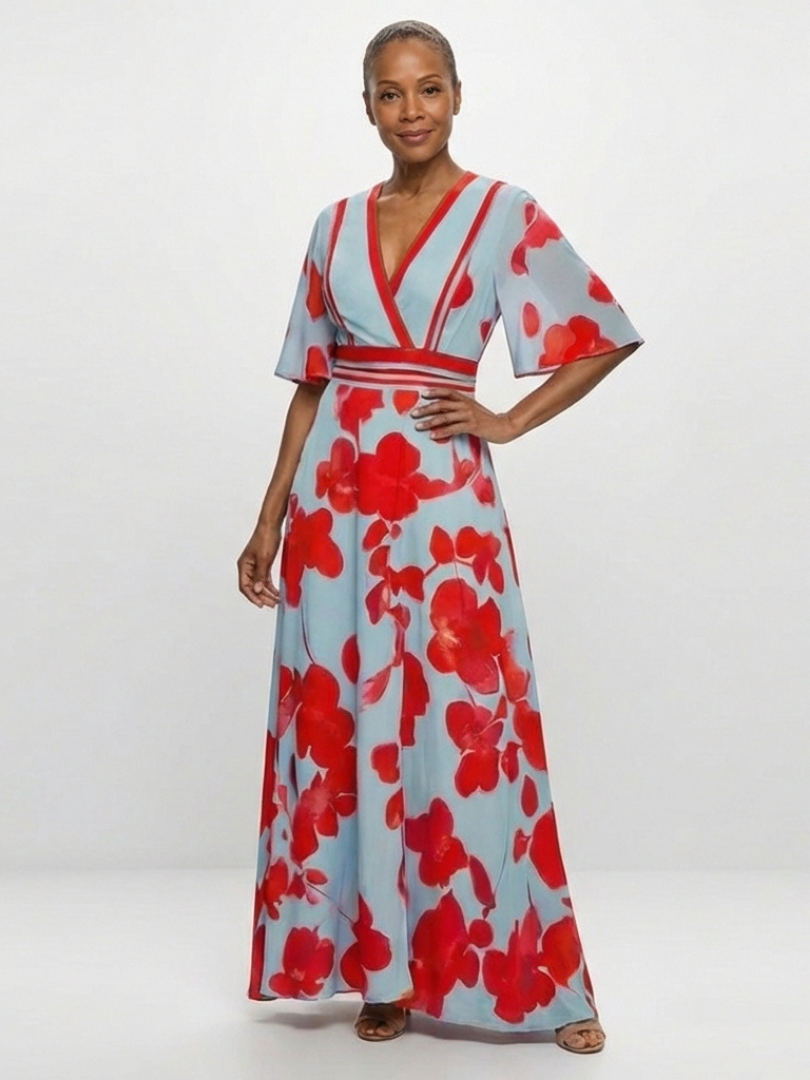 Floral maxi dress with V-neck and short flutter sleeves, light blue and red blooms