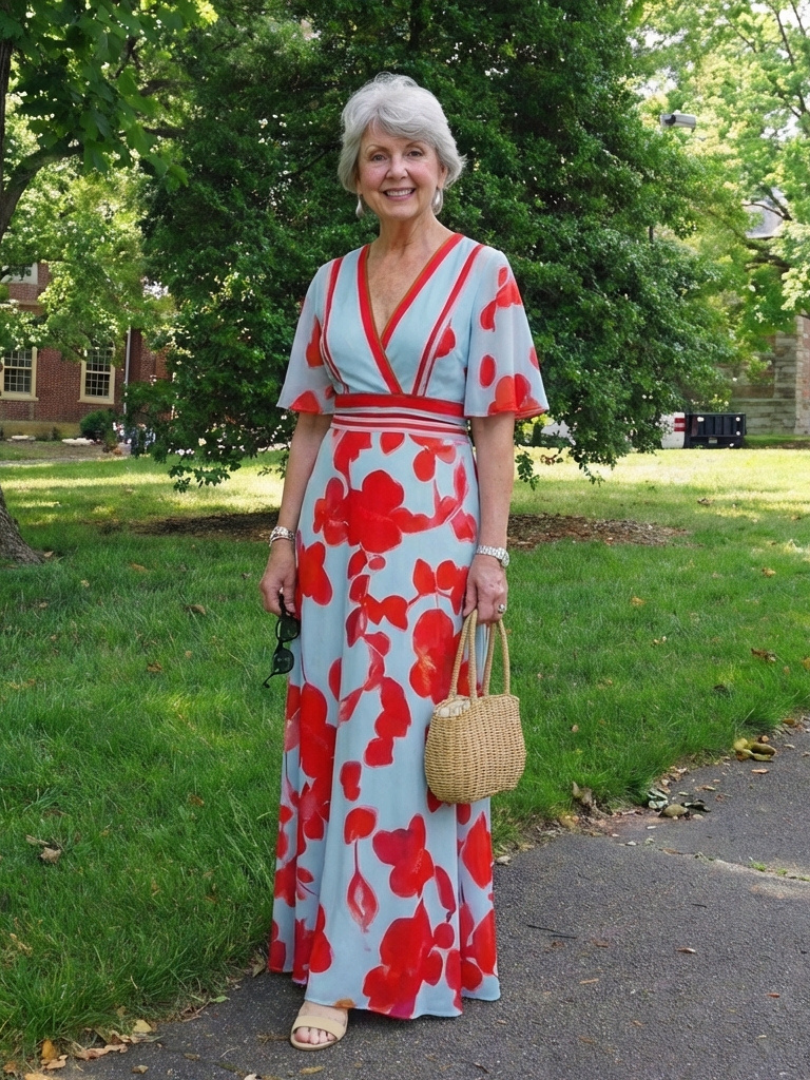 Floral maxi dress in light blue with red blooms, V-neck and short sleeves with belt
