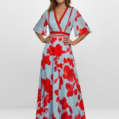 Floral V-neck short-sleeve maxi dress in light blue with red blooms and contrast trim
