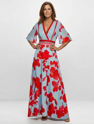 Floral V-neck short-sleeve maxi dress in light blue with red blooms and contrast trim