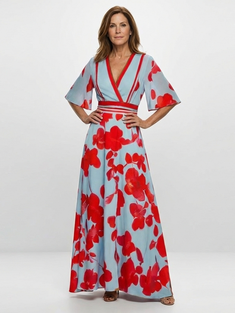 Floral V-neck short-sleeve maxi dress in light blue with red blooms and contrast trim