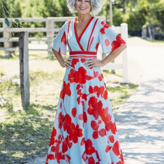 Floral V-neck short-sleeve maxi dress, light blue with large red blooms and waist belt
