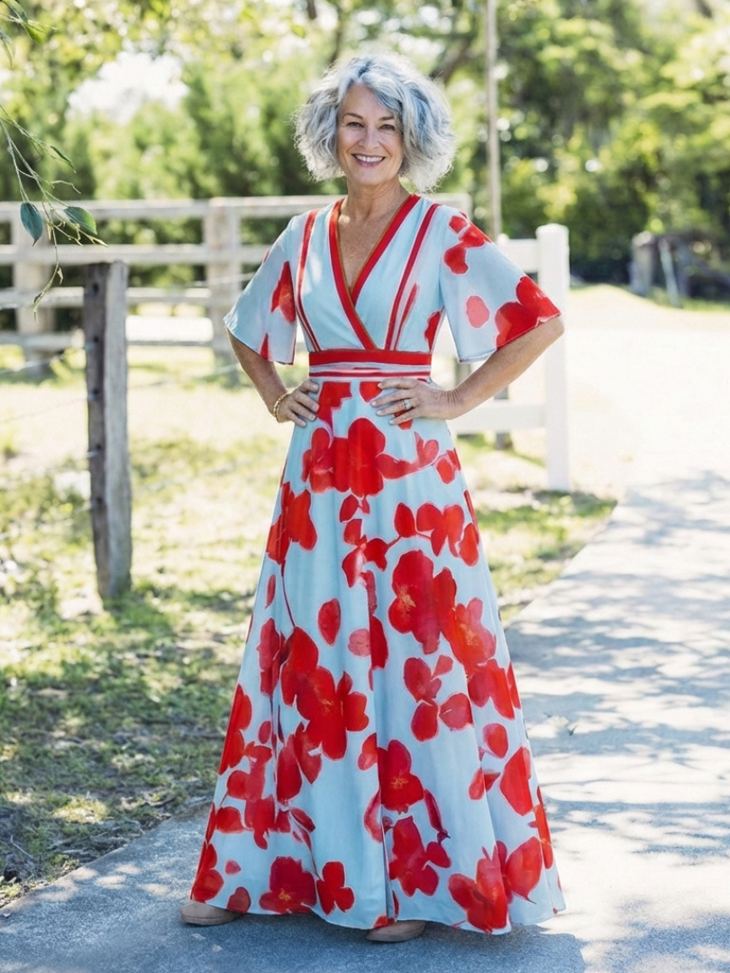 Floral V-neck short-sleeve maxi dress, light blue with large red blooms and waist belt
