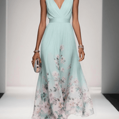 Light blue sleeveless V-neck floral dress with draped waist and layered chiffon skirt
