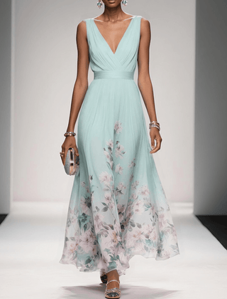Light blue sleeveless V-neck floral dress with draped waist and layered chiffon skirt