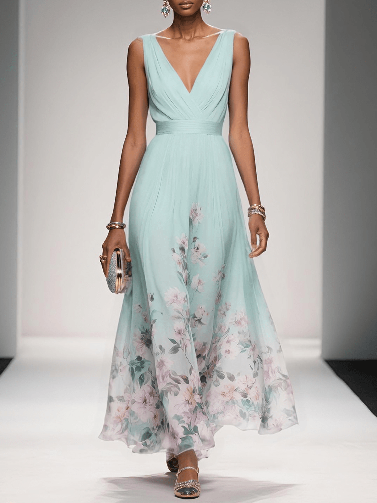 Light blue sleeveless V-neck floral dress with draped waist and layered chiffon skirt