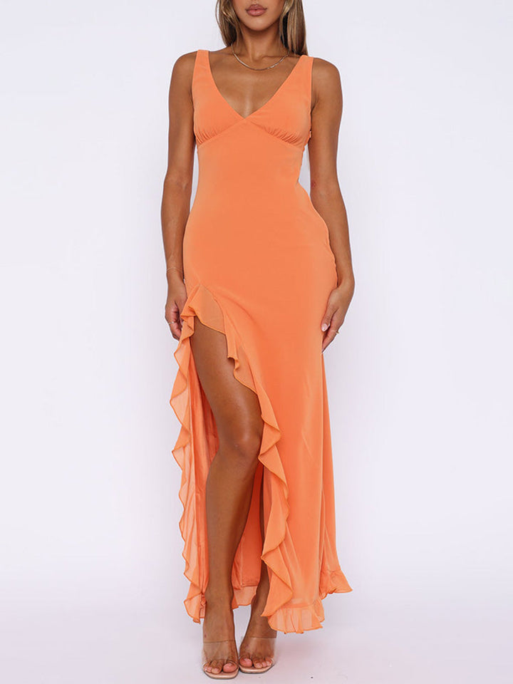 Orange sleeveless V-neck maxi dress with twisted waist and layered ruffle hem
