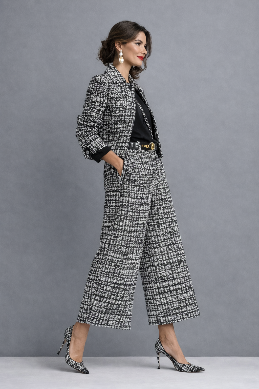 Black-and-white tweed blazer and wide-leg pants set, side view with belt detail