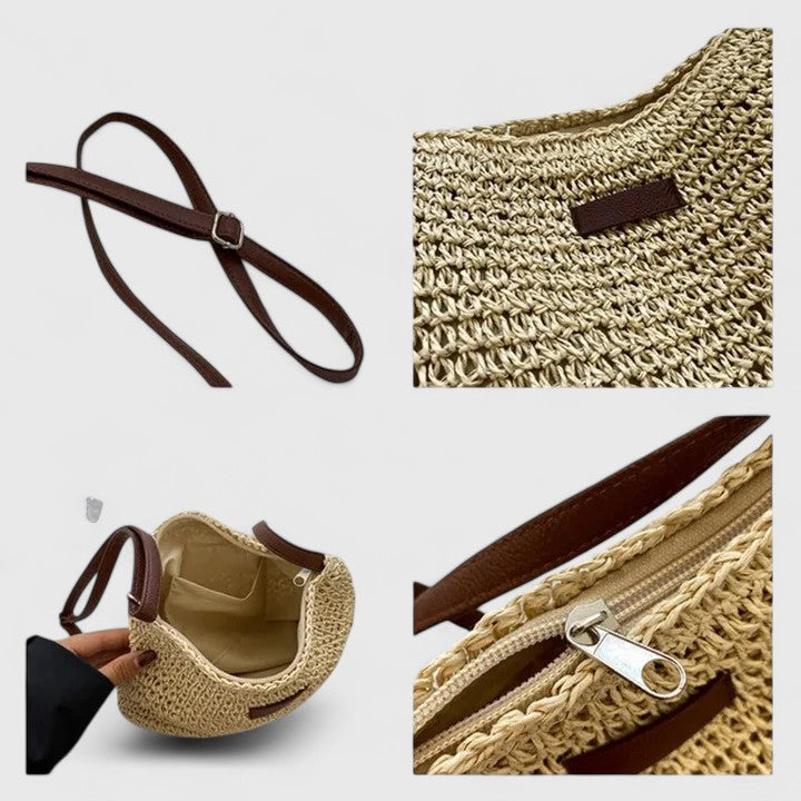 Woven half-moon bag details: brown strap, front tab, lined interior, zipper hardware