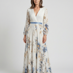 Floral maxi dress with long sleeves and V-neck, pleated skirt, blue waist sash