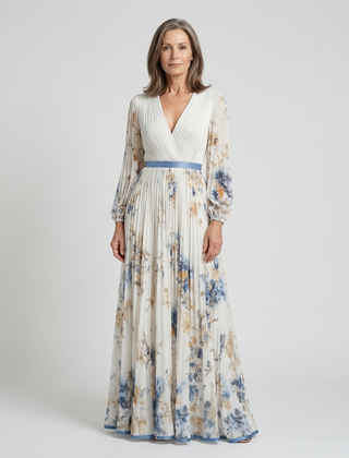 Floral maxi dress with long sleeves and V-neck, pleated skirt, blue waist sash