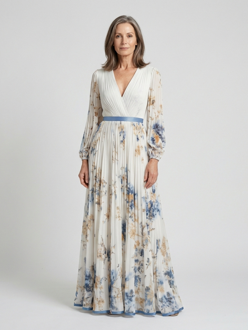 Floral maxi dress with long sleeves and V-neck, pleated skirt, blue waist sash