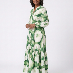 Long sleeve tie-waist tiered maxi dress in green and white floral print
