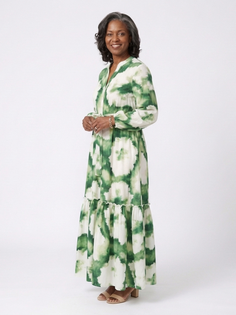 Long sleeve tie-waist tiered maxi dress in green and white floral print