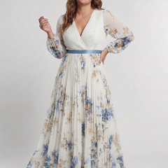 Floral long-sleeve V-neck maxi dress with gathered skirt and blue waist sash