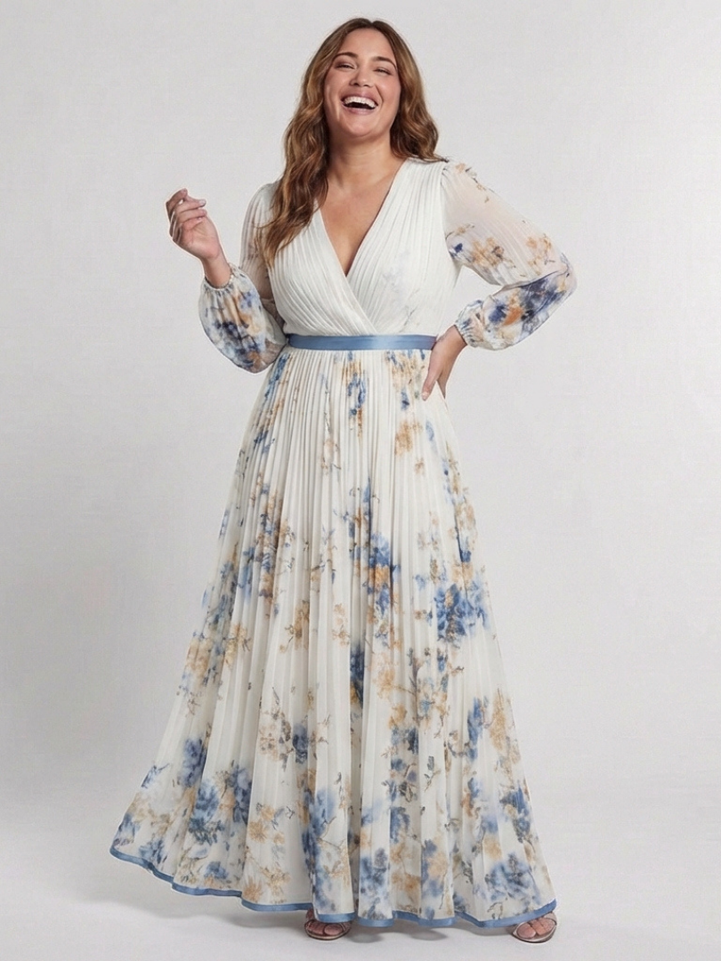Floral long-sleeve V-neck maxi dress with gathered skirt and blue waist sash