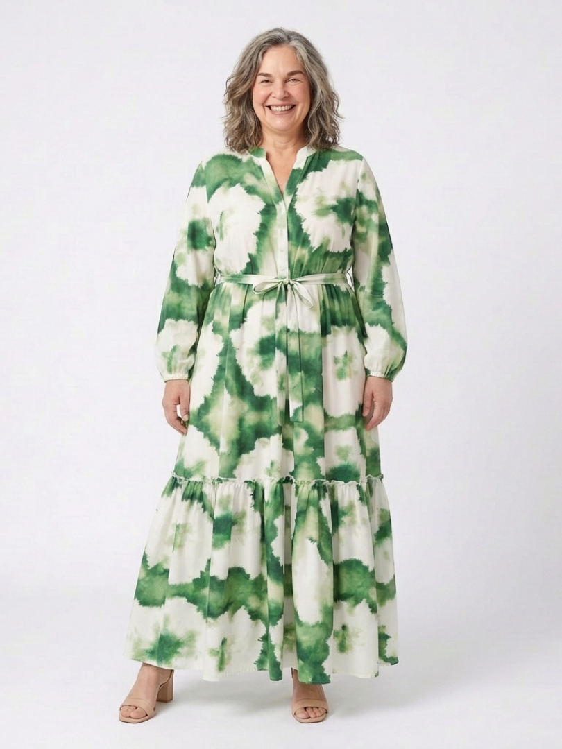 Long sleeve tie-waist tiered maxi dress with tiered skirt and green floral print