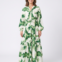 Long sleeve tie-waist tiered maxi dress with green and white floral pattern