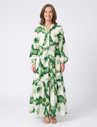 Long sleeve tie-waist tiered maxi dress with green and white floral pattern